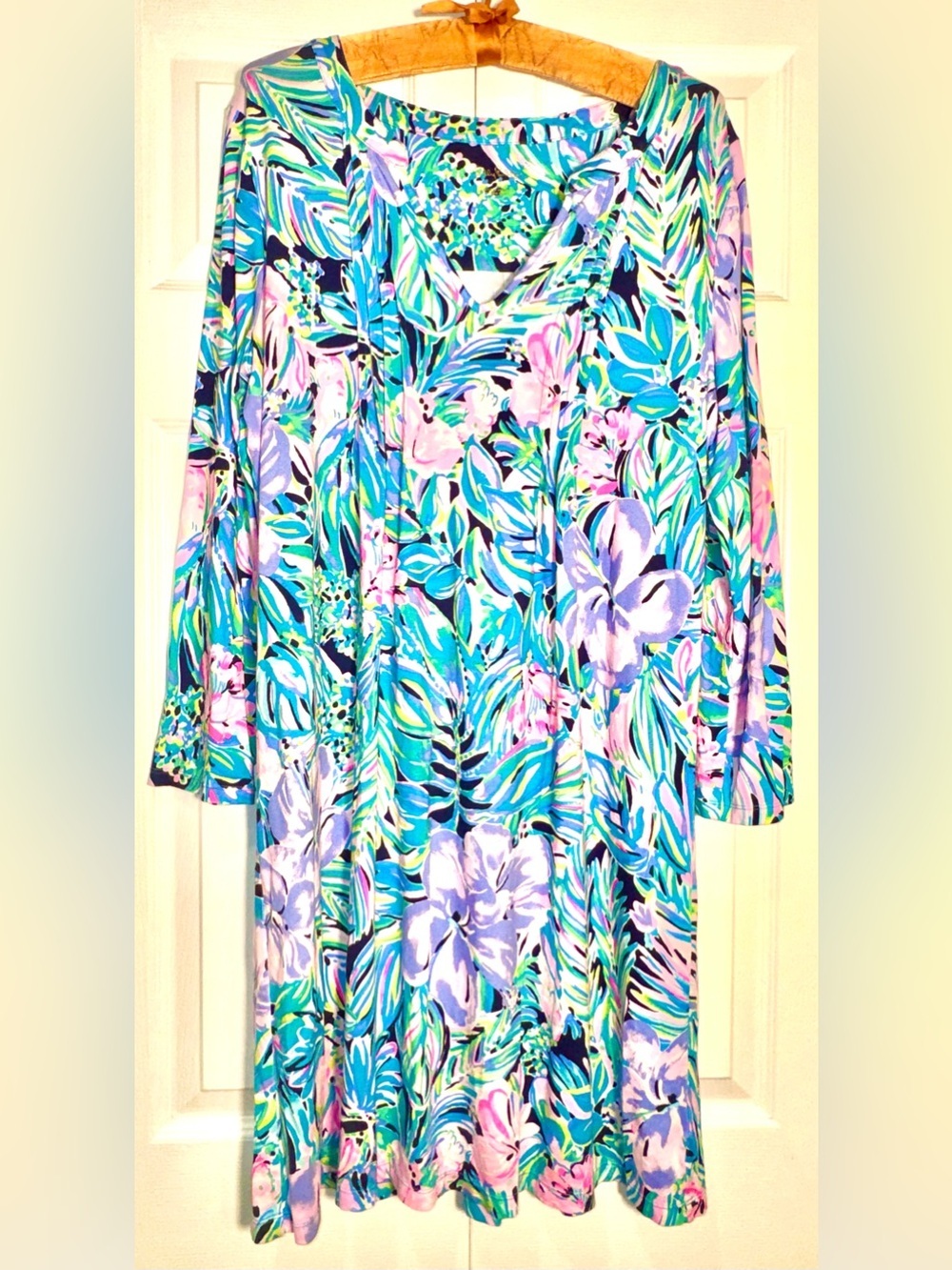 Lilly Pulitzer Aubrey UPF 50+ Dress Bermudaful Tropical Floral Pleated LG